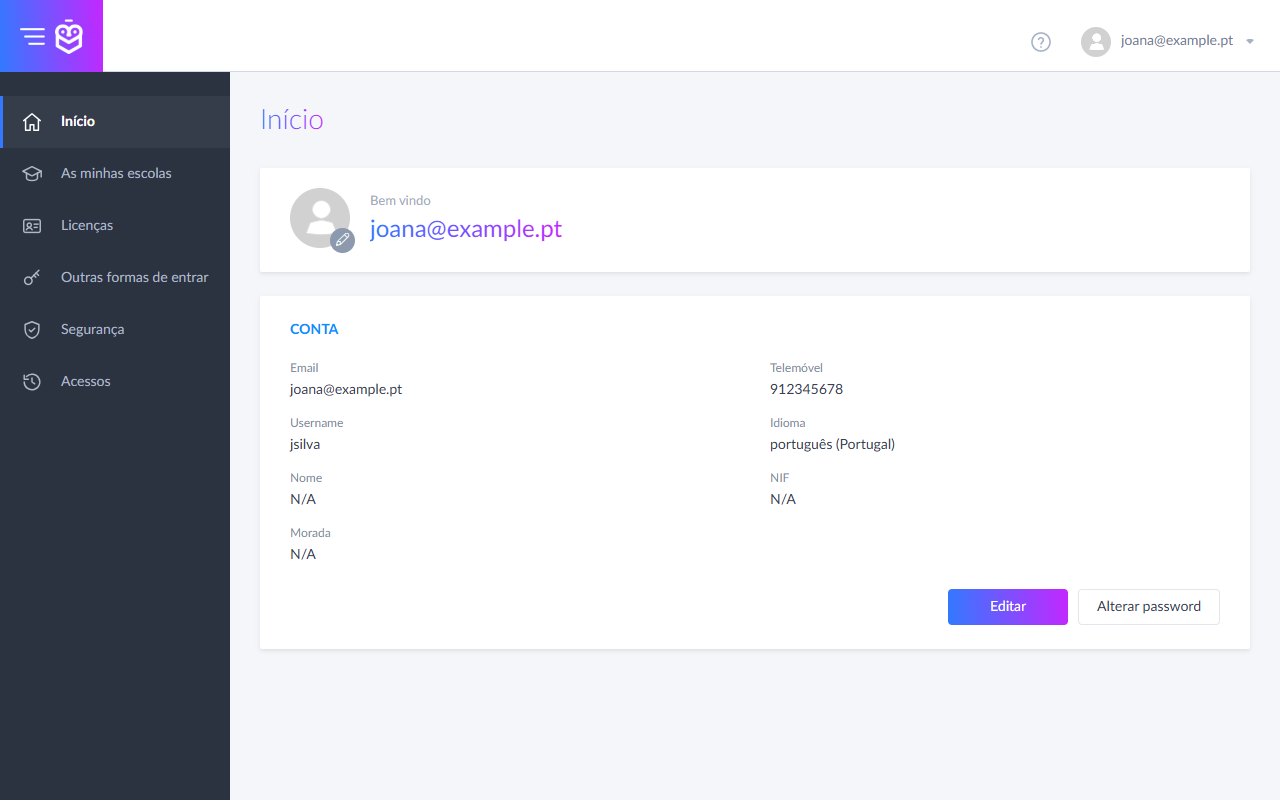 Done: you see your account's details and, in the menu on the left, your schools, licences, security and sign-ins.